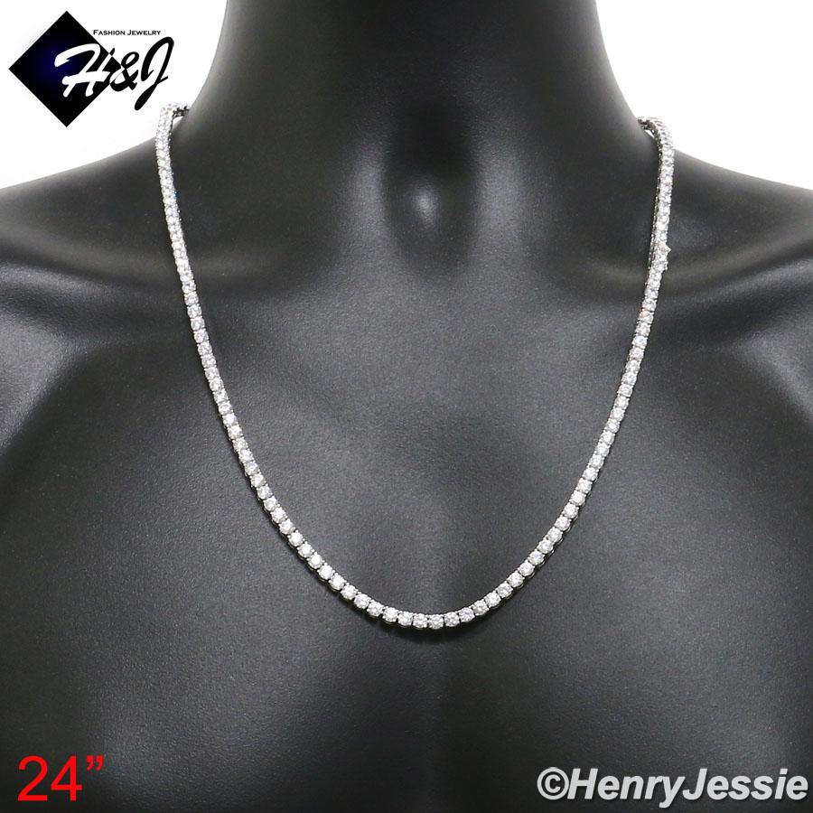 30"MEN 925 STERLING SILVER 4MM ICED OUT BLING 1 ROW TENNIS CHAIN NECKLACE*SN10 