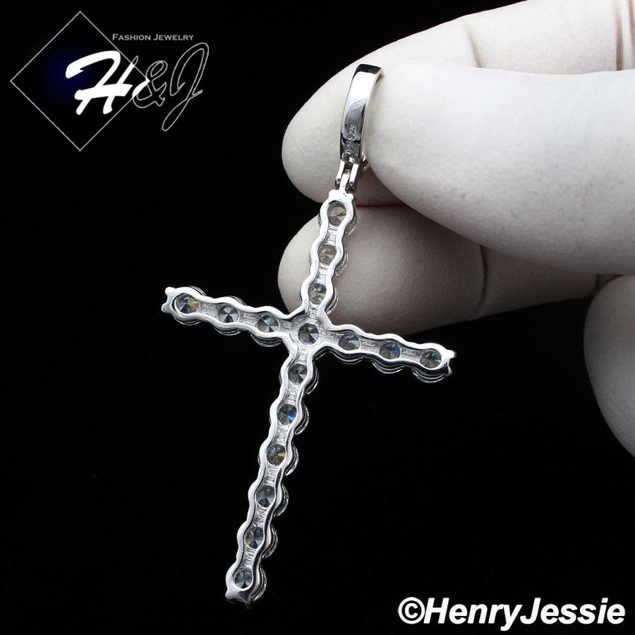 20"MEN 925 STERLING SILVER 3MM ICED OUT 1 ROW TENNIS CHAIN CROSS PENDANT*SP170 