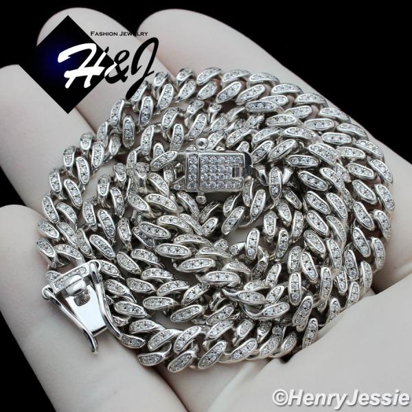 18-30"MEN 14K WHITE GOLD FINISH 12MM ICED MIAMI CUBAN CURB CHAIN NECKLACE*BN1